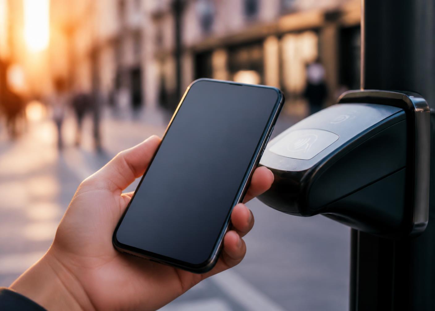 Contactless payment with a phone on a street at sunset